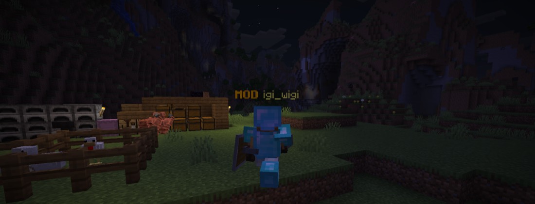 A player in diamond armour outside their base at night, as seen on CraftCam